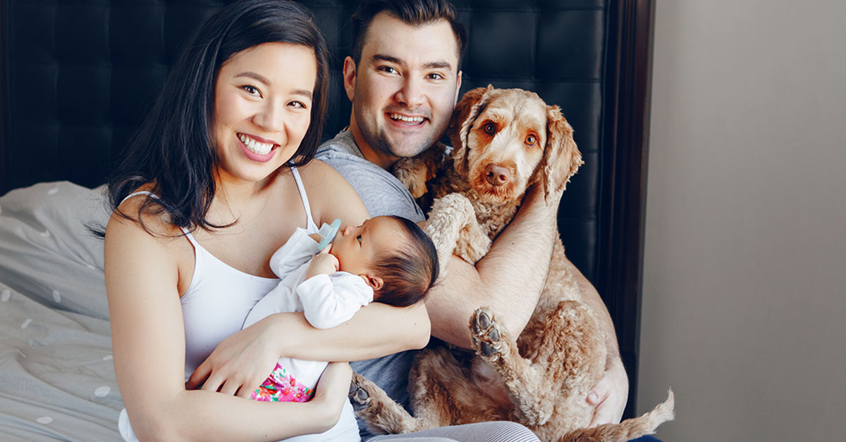 Smiling woman holding infant and man holding dog while sitting on bed