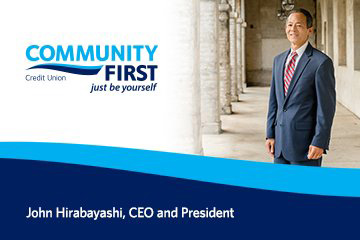 graphic of the community first logo and a photo of John Hirabayashi