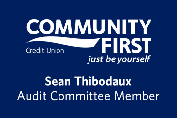 graphic with the community first logo and sean thibodaux's name