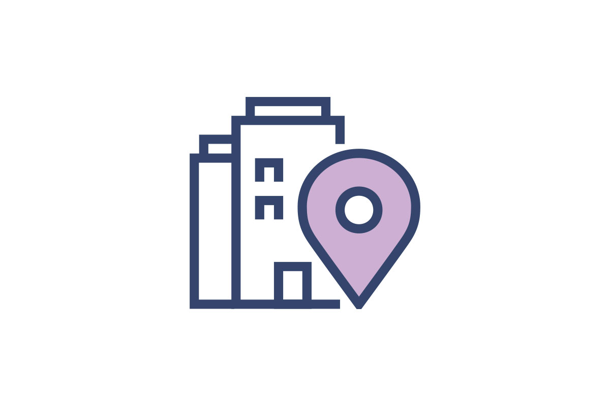 Building with location pin icon