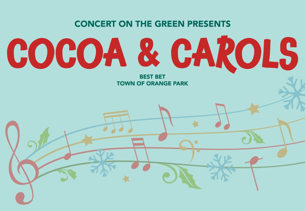Green background with musical notes and cocoa & carols heading