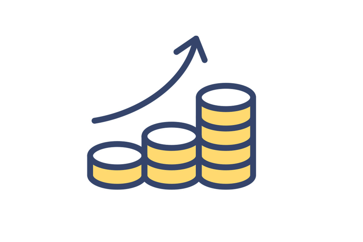 Coin stacks with upward arrow icon