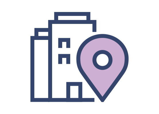 Building with location pin icon