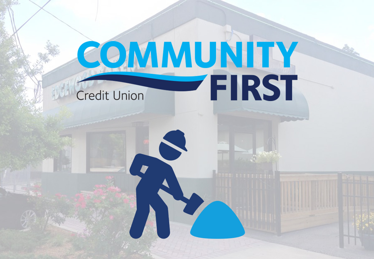Community First Logo and Construction Worker Icon Overlay